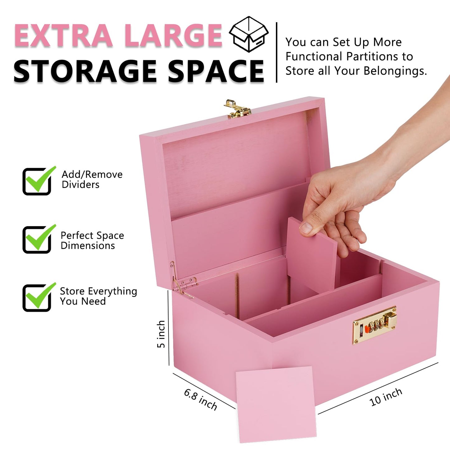 OZCHIN Large Bamboo Box with Combination Lock Decorative box for Home Great Gift Choice Storage Lockbox with Storage Jar, Gifts for Men Women (Pink, 10 x 6.9 x 5 inches)
