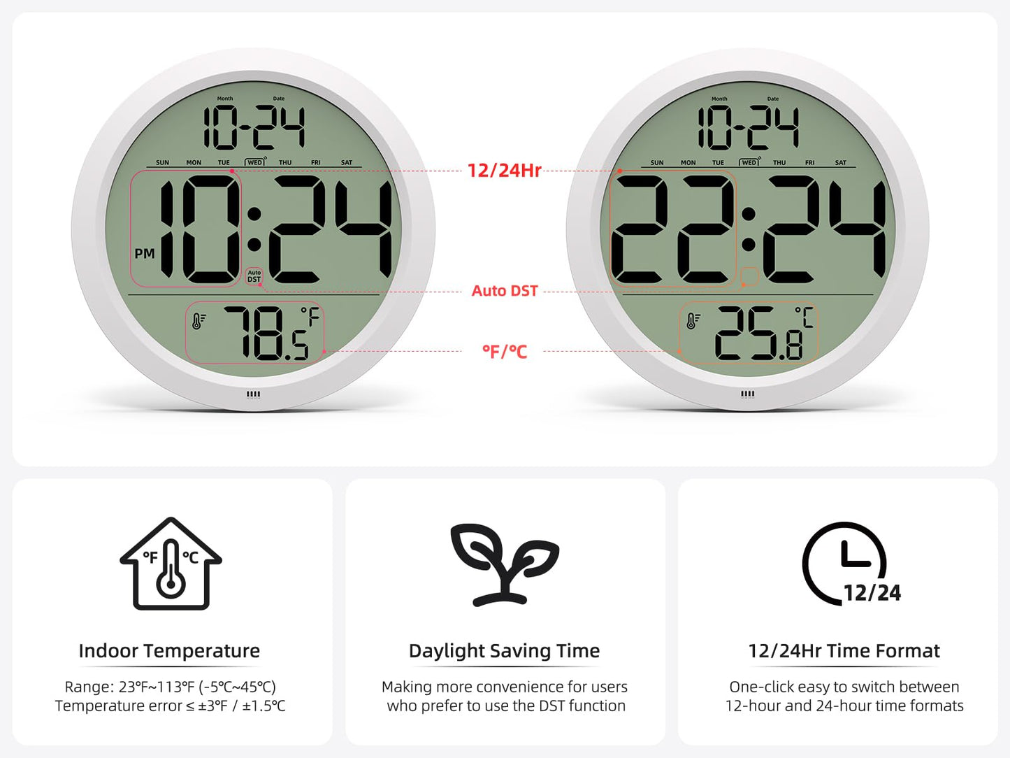 Digital Wall Clock Battery-Operated, 8 Inch Small Decorative Modern Wall Clock with Date, Temperature, Auto-DST, Silent Electric Wall Clock for Bedroom, Living Room, Kitchen, Office, Farmhouse - White
