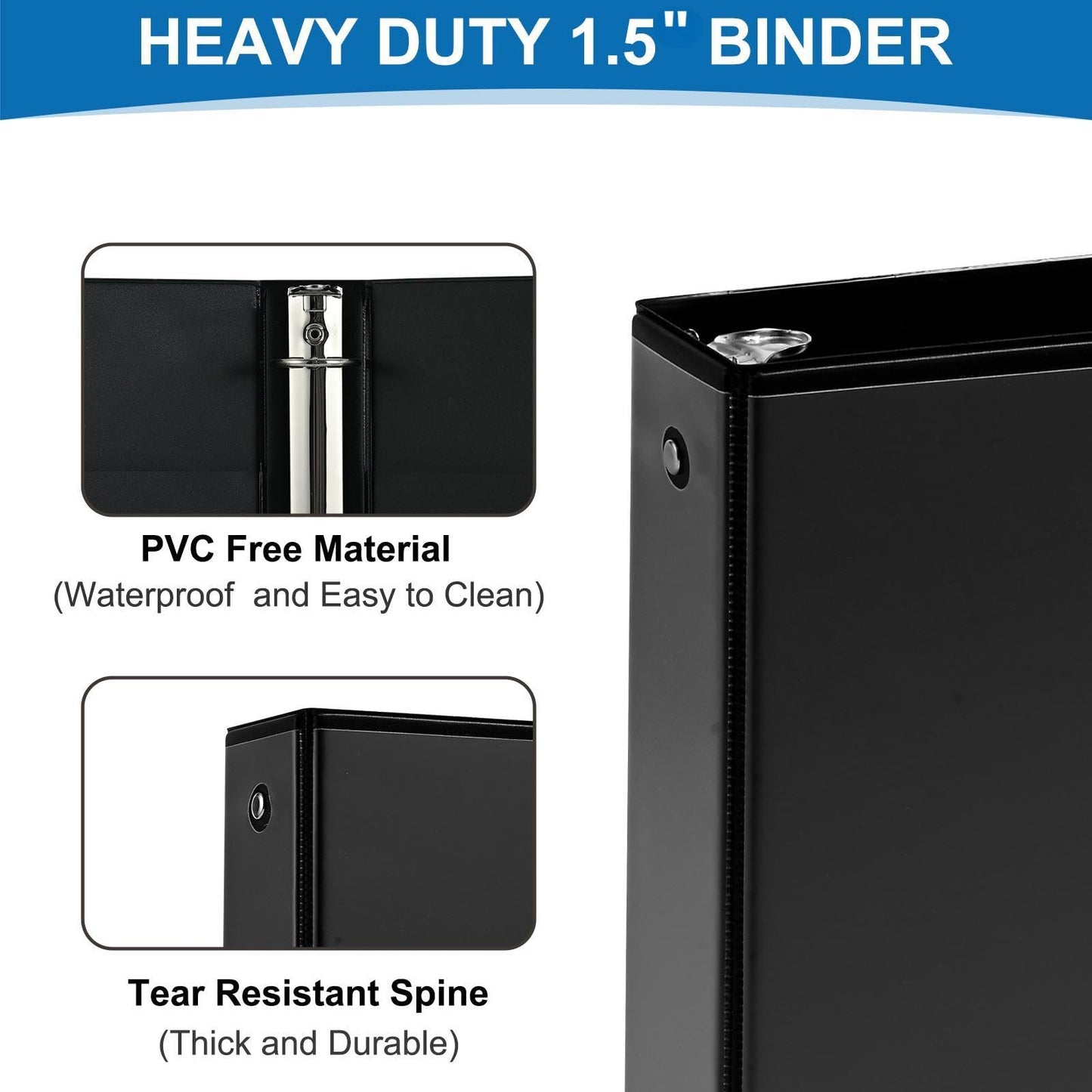 SUQJOY 1.5-Inch 3-Ring Binder with Pockets, 1-1/2’’ Clear View Binders, PVC Free, Holds up to 325 Sheets US Letter Size, Perfect for School,Office and Home(6 Pack, Black)