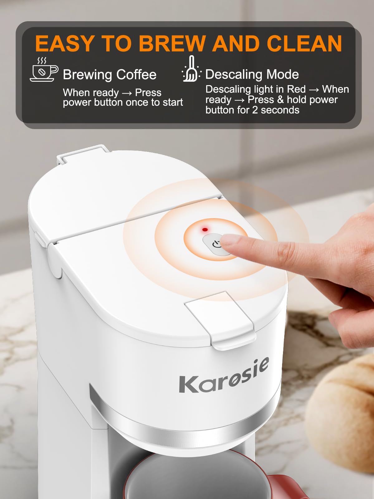 Karosie Single Serve Coffee Maker for K-Cup and Grounds, Fast Brew, 6-12 oz Brew Sizes Single Cup Coffee Maker Fits 5.5" Mugs, One-Button Small Coffee Maker, Descaling Reminder,White,9.45 Inches