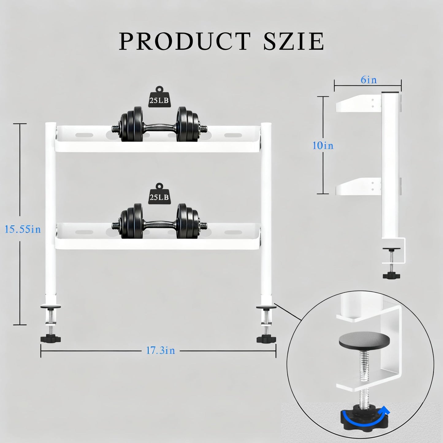 Clamp on Desk Shelf White, 2-Tier Office Desk Shelves Organizer, 17in Small Shelf for Top of Desk with Headphone Holder, Hooks, Desktop Storage Rack for Home Workspace, Study Rooms, Gaming Accessories