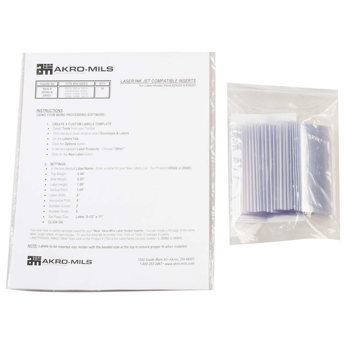 Akro-Mils 29302 Clear Protective Plastic Label Holder and Labels for large AkroBins and 30348, 30358, (25-Pack)