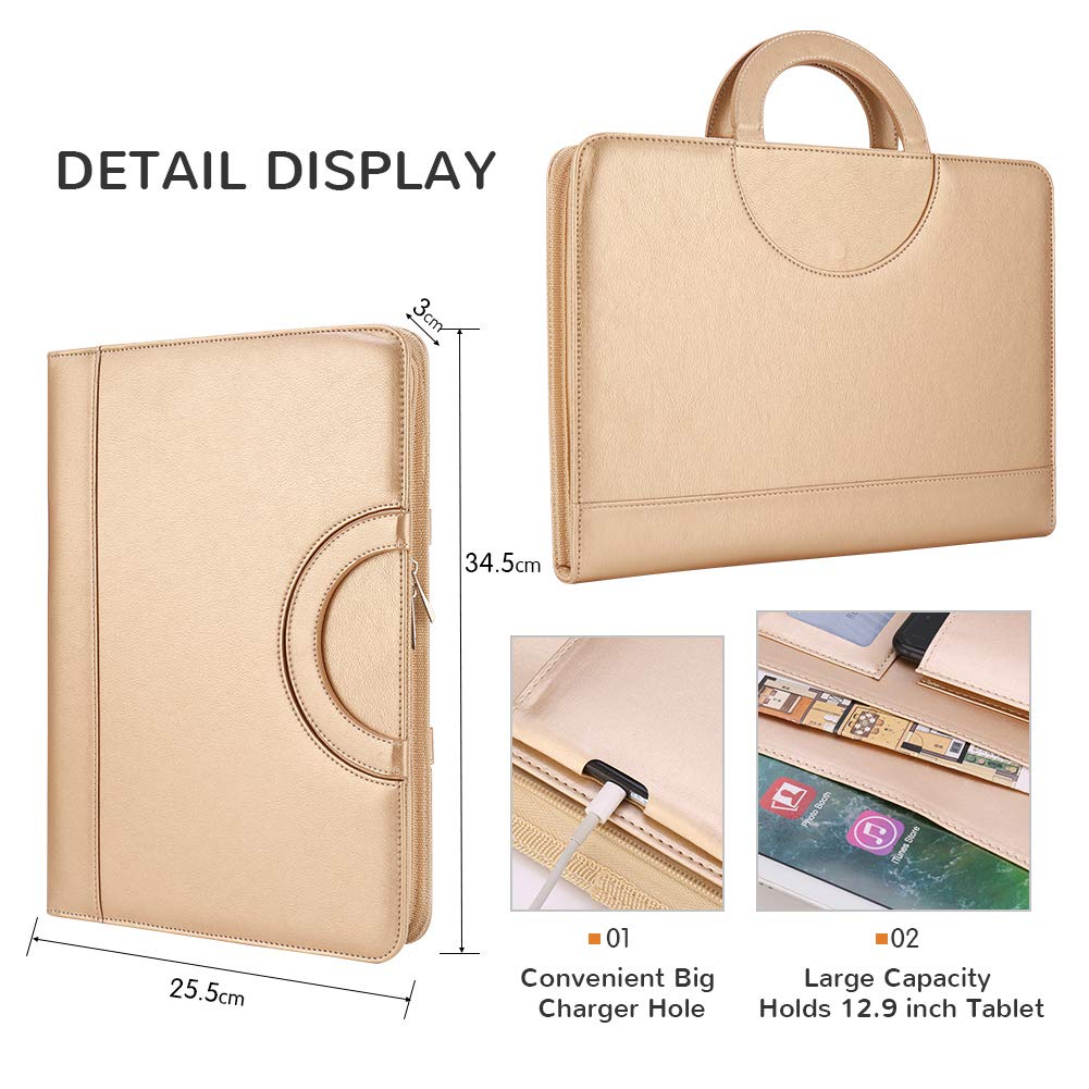 Darolin Vegan Leather Padfolio Portfolio with Handle & Clipboard, Zippered Business Portfolio Organizer for Meetings, Interviews & Travel, Fits A4 & Letter Size, Padfolio for Men Women (Gold)