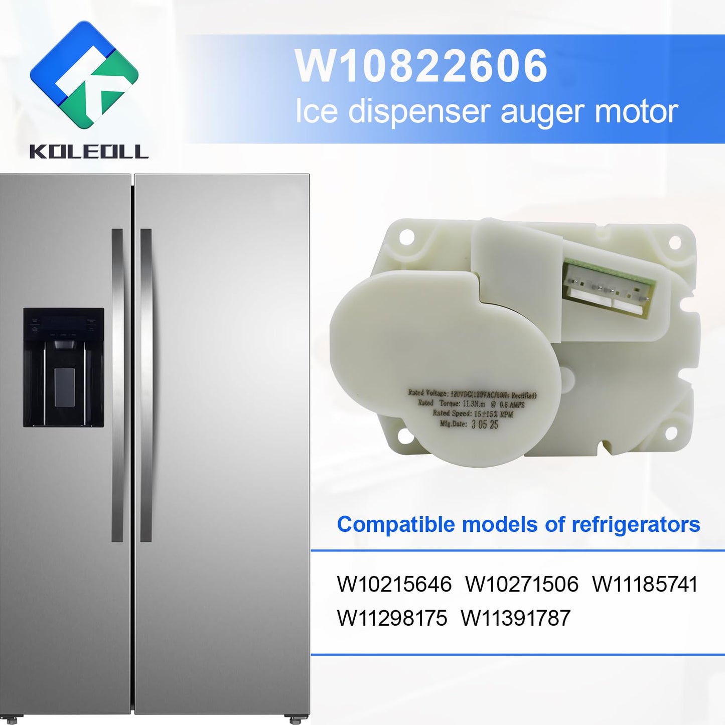 W10822606 Ice Dispenser Auger Motor Compatible with Whirlpool Refrigerator, 120 Volt 60HZ, Replace W10215646 W10271506 W11185741 W11298175 W11391787
