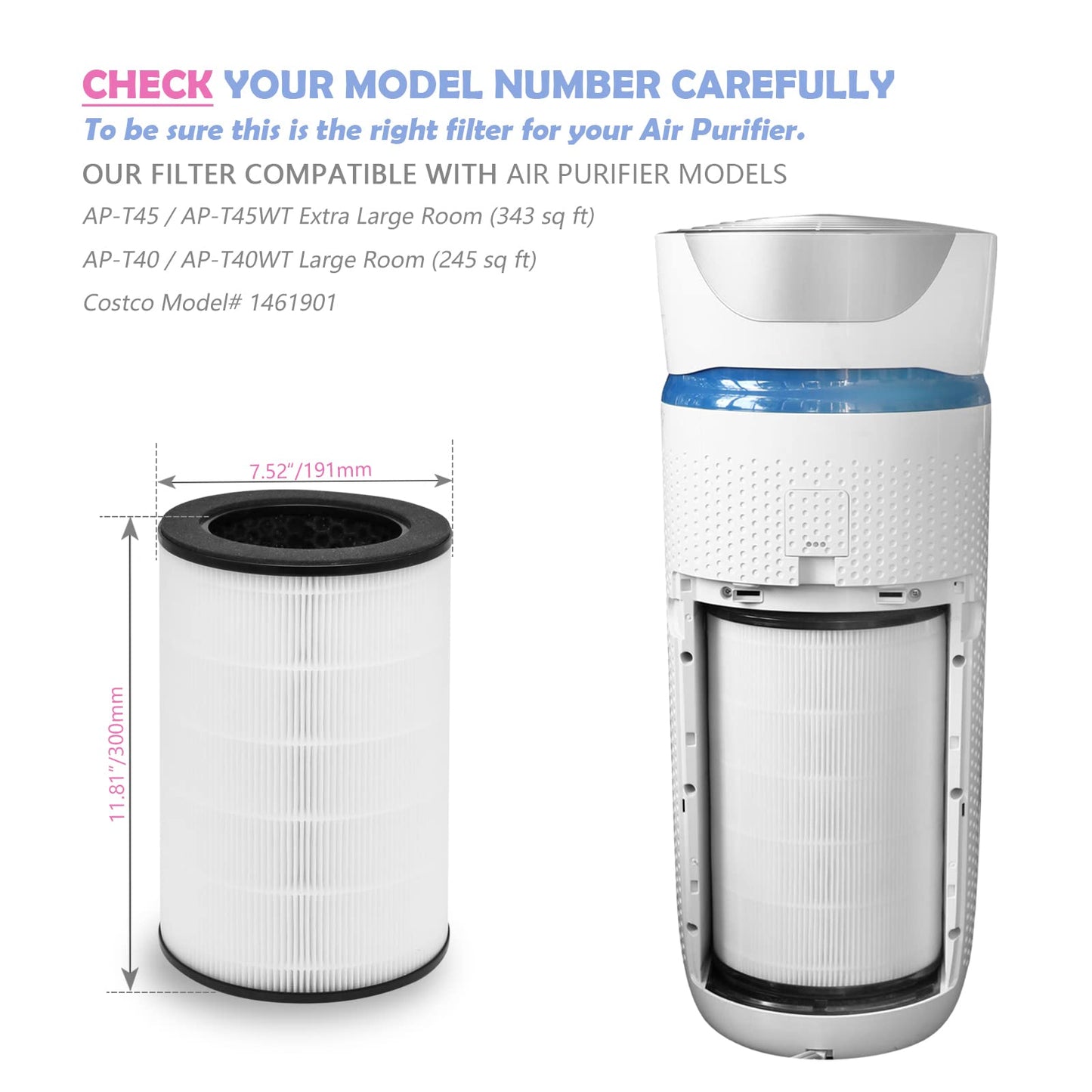 AP-T40FL Replacement Filter Compatible with Homedics Air Purifier Models# AP-T45, AP-T45WT, AP-T40, AP-T40WT, AP-T40WTAR,1461901 (Costco Model)