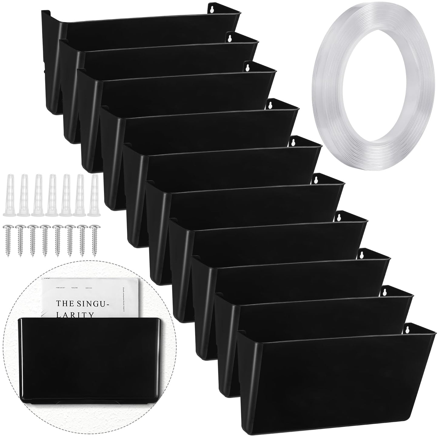 Tenceur 10 Pcs Single Pocket Wall Mount File Holder Black Plastic Wall Pocket with Screws and Tape Hanging File Organizer Letter Holder for Home Letters Mail Magazine Office