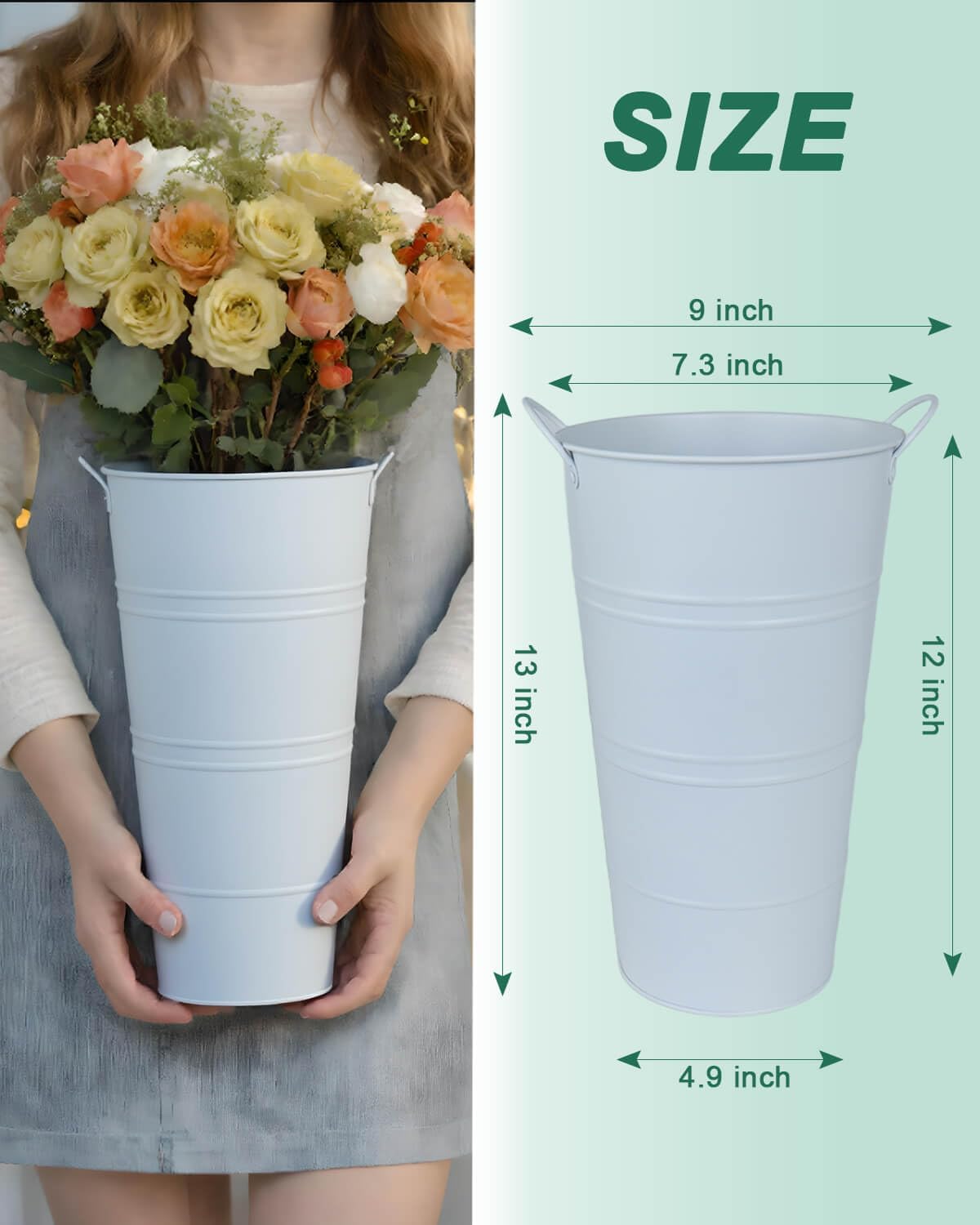 vensovo 12 Inch Galvanized Metal Vases for Flowers - 6 Pcs Farmhouse Decorative Tall Flower Bucket with Handles, Rustic French Tin Planter Buckets for Wedding Decor (Pure White)
