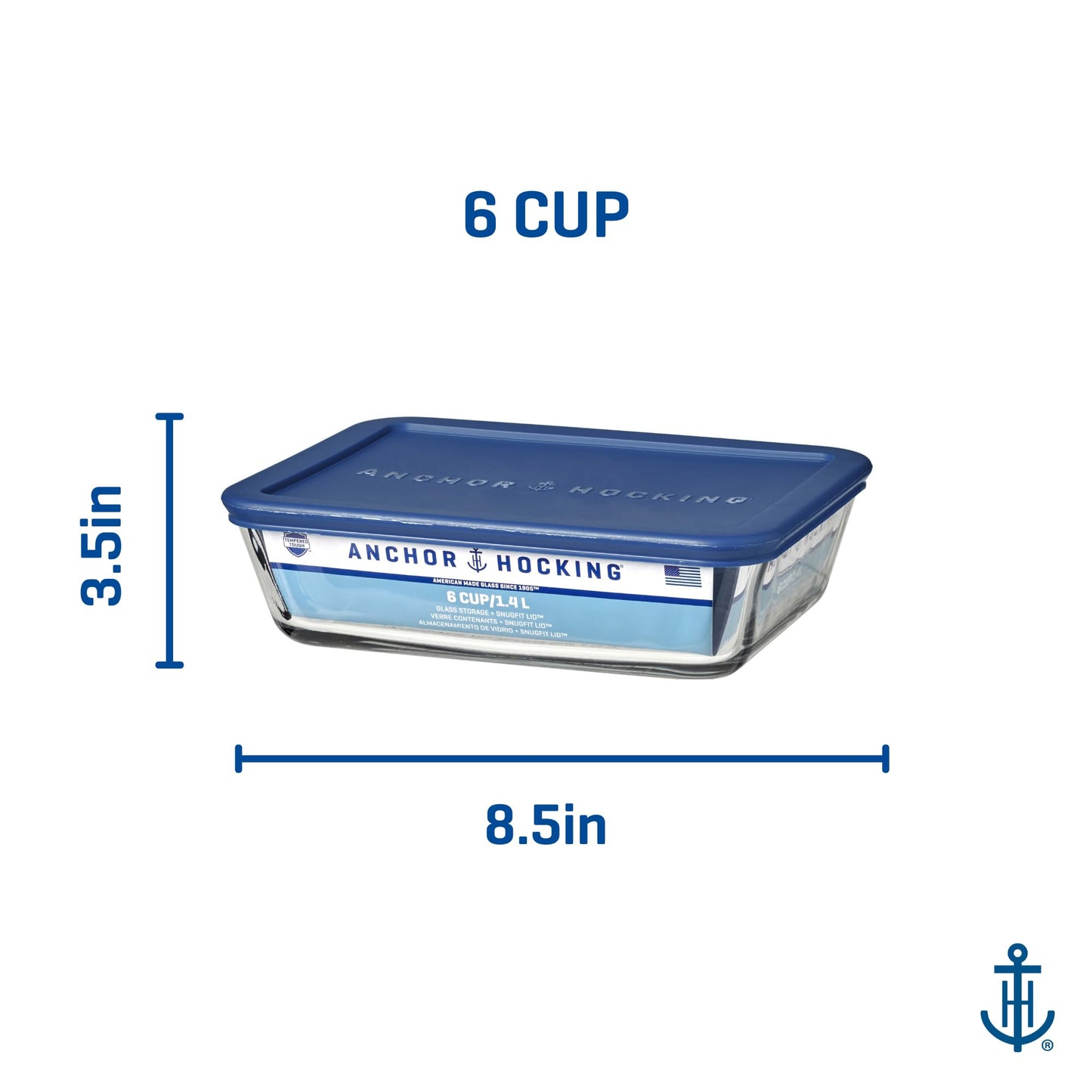 Anchor Hocking SnugFitTM Rectangular Food Storage Containers with Lids (4-Piece, 6-cup, Navy Blue, oven-safe)