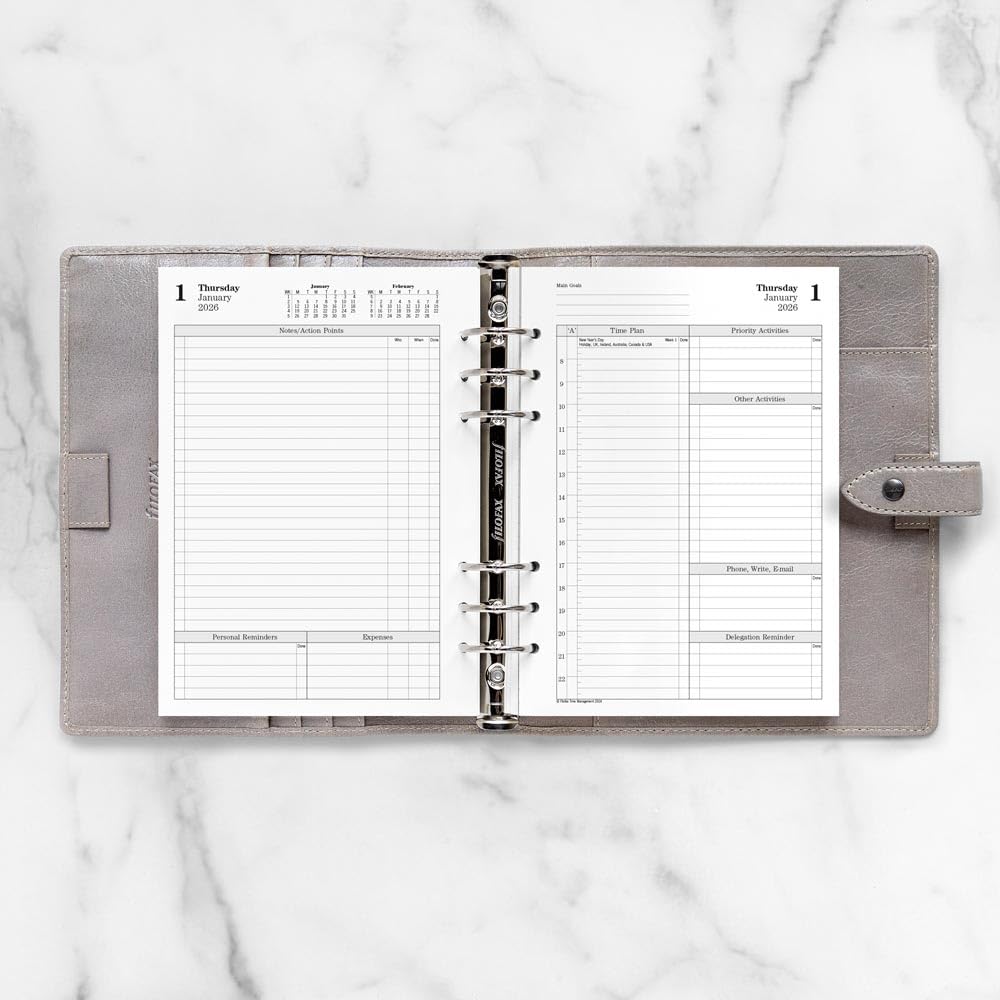 Filofax Calendar Diary Refill, A5 Size, One Day on Two Pages with Appointments, Time Management, White Paper, English, 2026 (CTM7031-26)