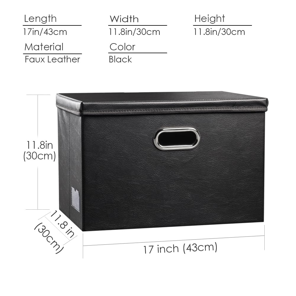 PRANDOM Large Foldable Storage Bins with Lids [3-Pack] Leather Fabric Collapsible Storage Boxes Organizer Containers Baskets Cube with Cover for Home Bedroom Closet Office Black(17.7x11.8x11.8)