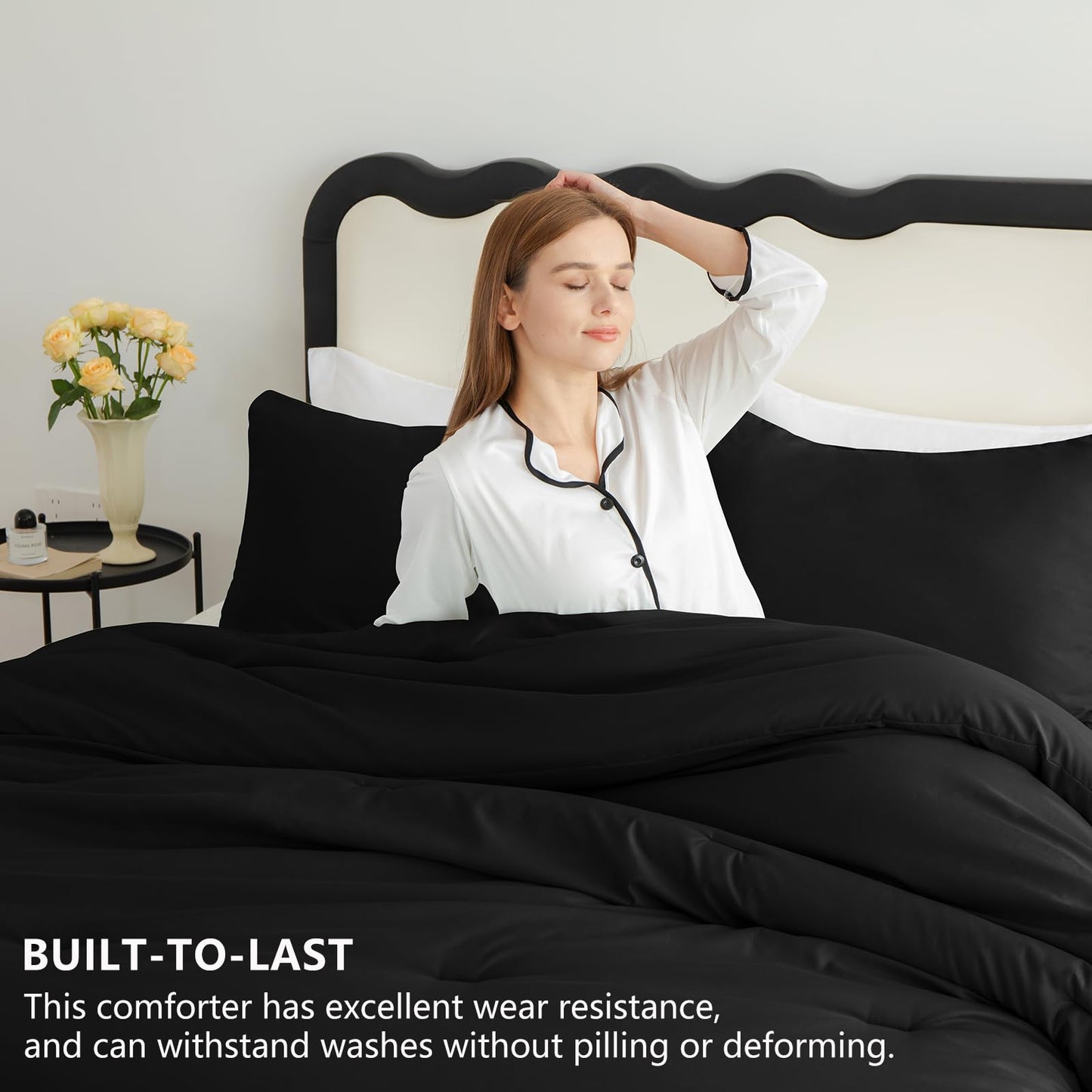 CozyLux King Size Comforter Set Black, 3 Pieces Solid Comforters King Size Breathable Quilted Style Bedding Set, Luxury Soft Microfiber Down Alternative Comforter Bed Set (1 Comforter & 2 Pillowcases)