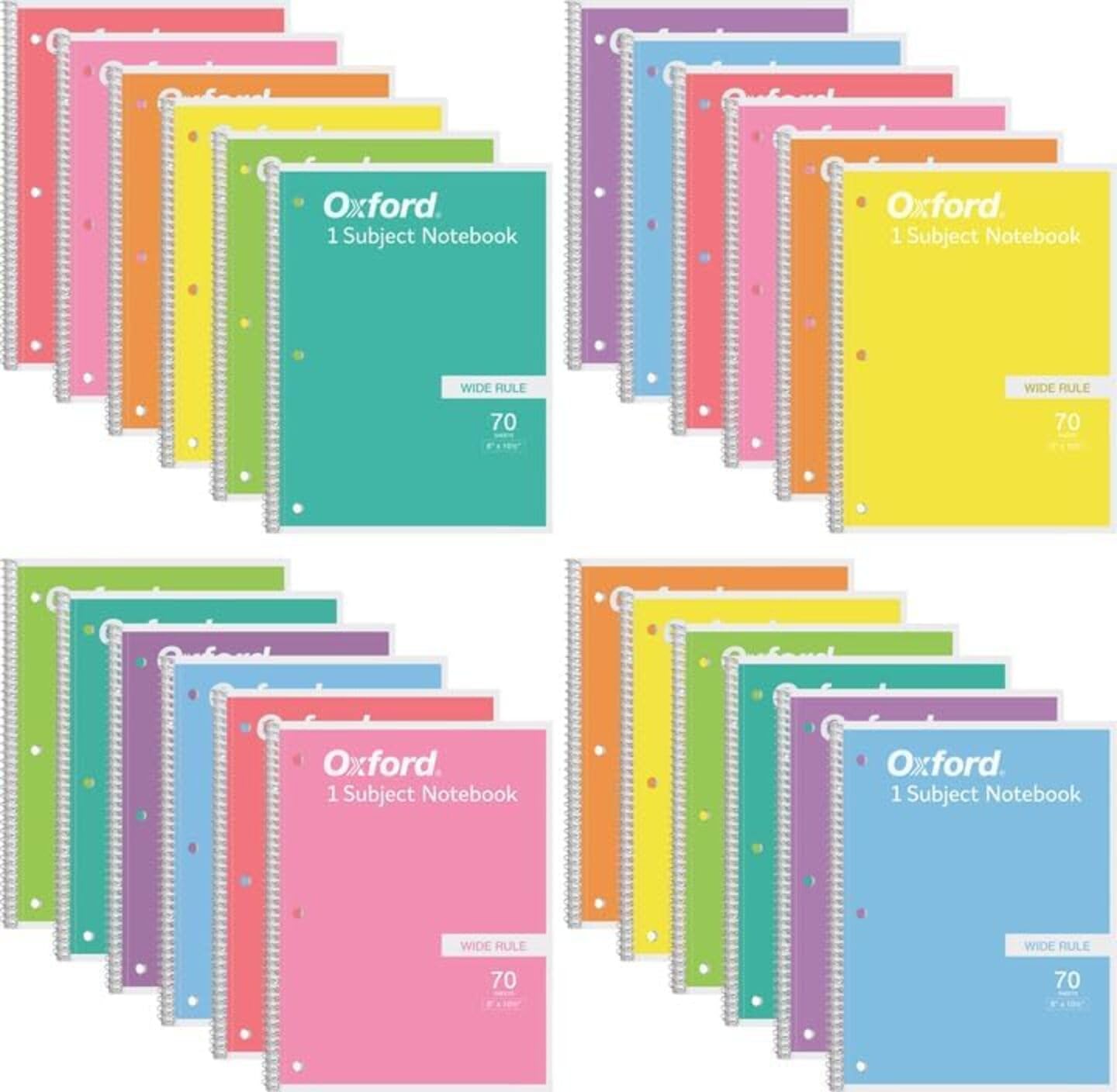 Oxford Spiral Notebook Wide Ruled - 24 Pack - 1 Subject Notebooks for School - 8 x 10-1/2 Inch - 8 Pastel Colors Included - 70 Sheets