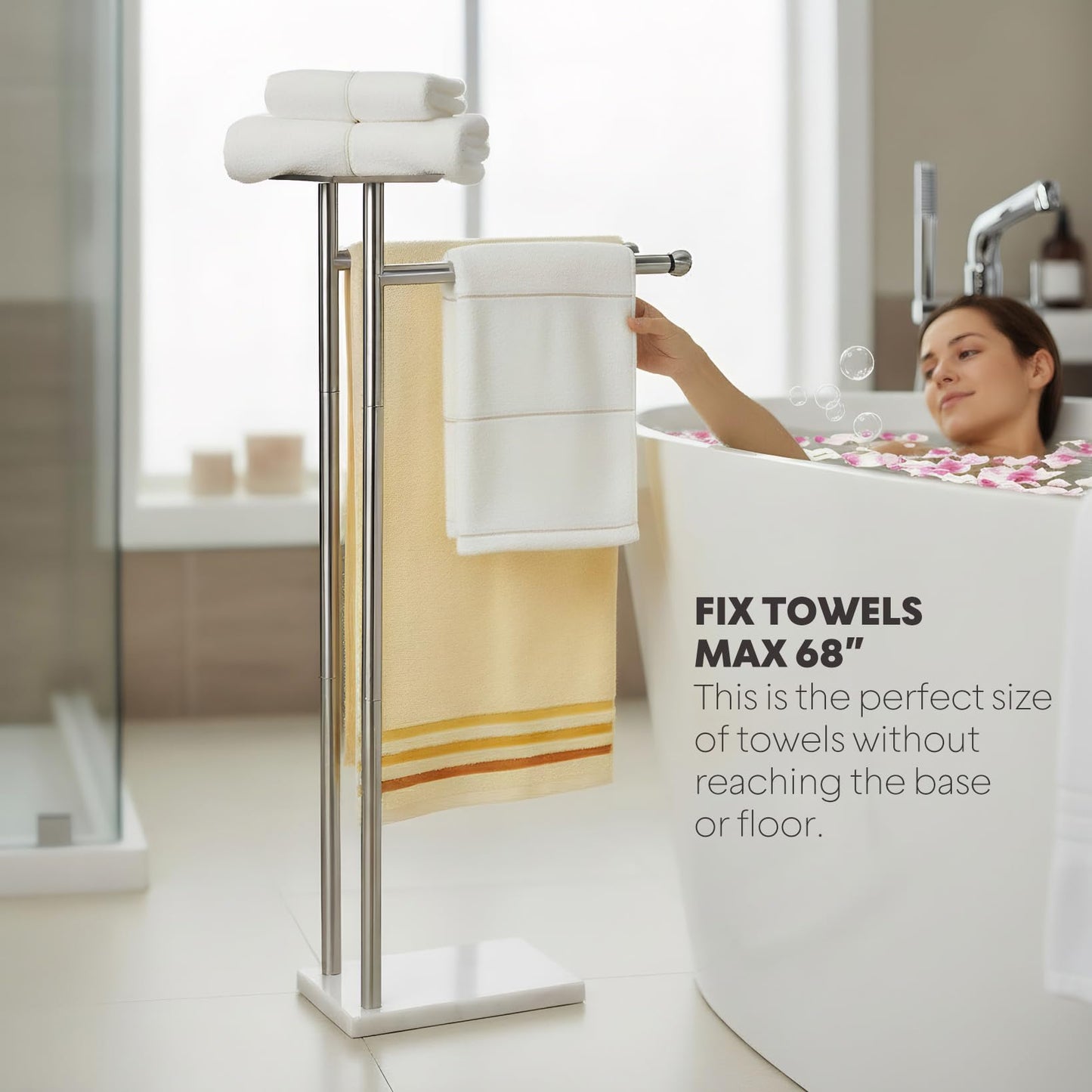 Songtec Towel Rack Stand for Bathroom, 2-Tier Freestanding Towel Holder for Bath Towels, Practical Shelf on Top, Heavy Duty Bathroom Accessories, No Drilling Required