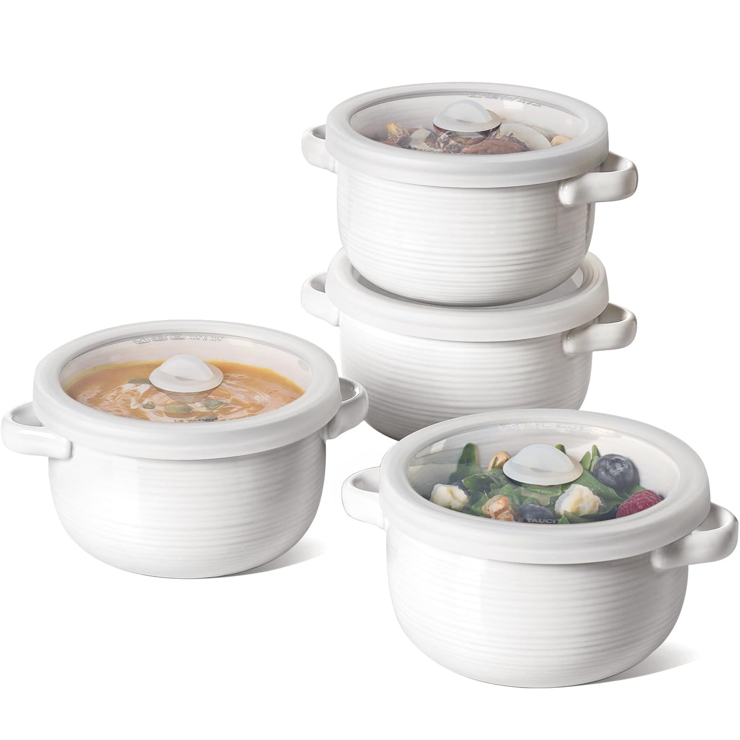 LE TAUCI French Onion Soup Bowls, 28 oz Ceramic Soup Crocks with Handles & Silicone Lids, Oven & Microwave Safe Containers for Meal Prep & Leftovers, Lead & Cadmium Free, Set of 4, White