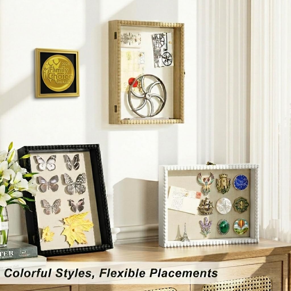Love-KANKEI Shadow Box Frame 11x14, Deep Large Shadow Box Display Case with Unique Beads Door and Glass Window, Wood Memory Box for Pictures,Medals,Memorabilia,Collections White