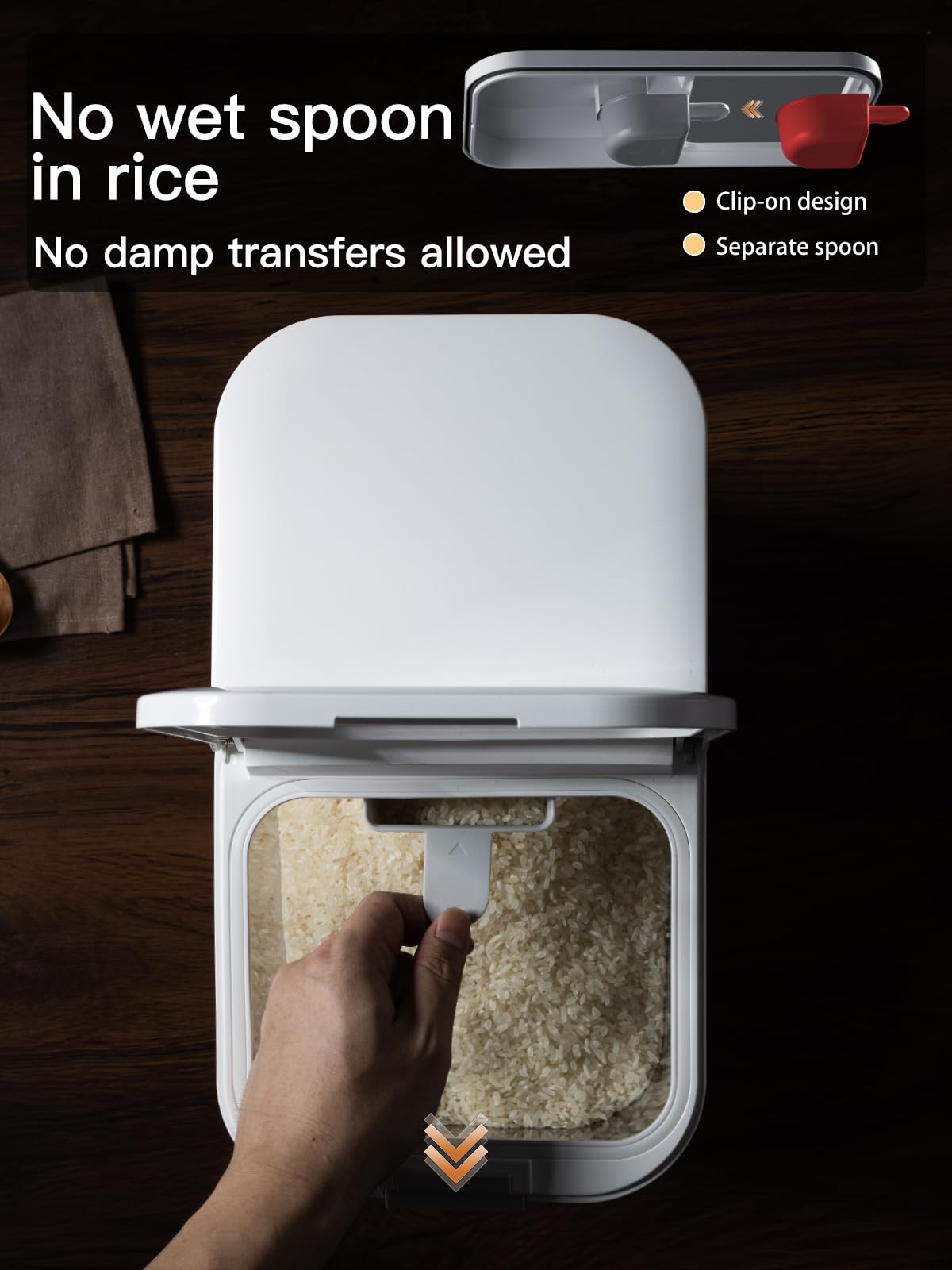 LivLab Mker 20-25 lbs Rice Dispenser with measuring spoon - 11.4Qt/12L Large Airtight Food Storage Rice Container for Cereal, Flour - BPA-Free PET, Slim Space-Saving