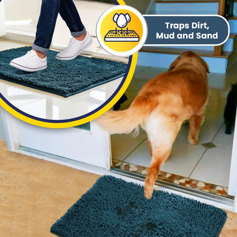 Muddy Mat® 2-Piece Atlantic Blue Medium 30"X19" AS-SEEN-ON-TV Highly Absorbent Microfiber Door Mat, Bath Mat and Pet Rug, Non Slip Thick Washable, Soft Chenille for Kitchen Bedroom Indoor and Outdoor