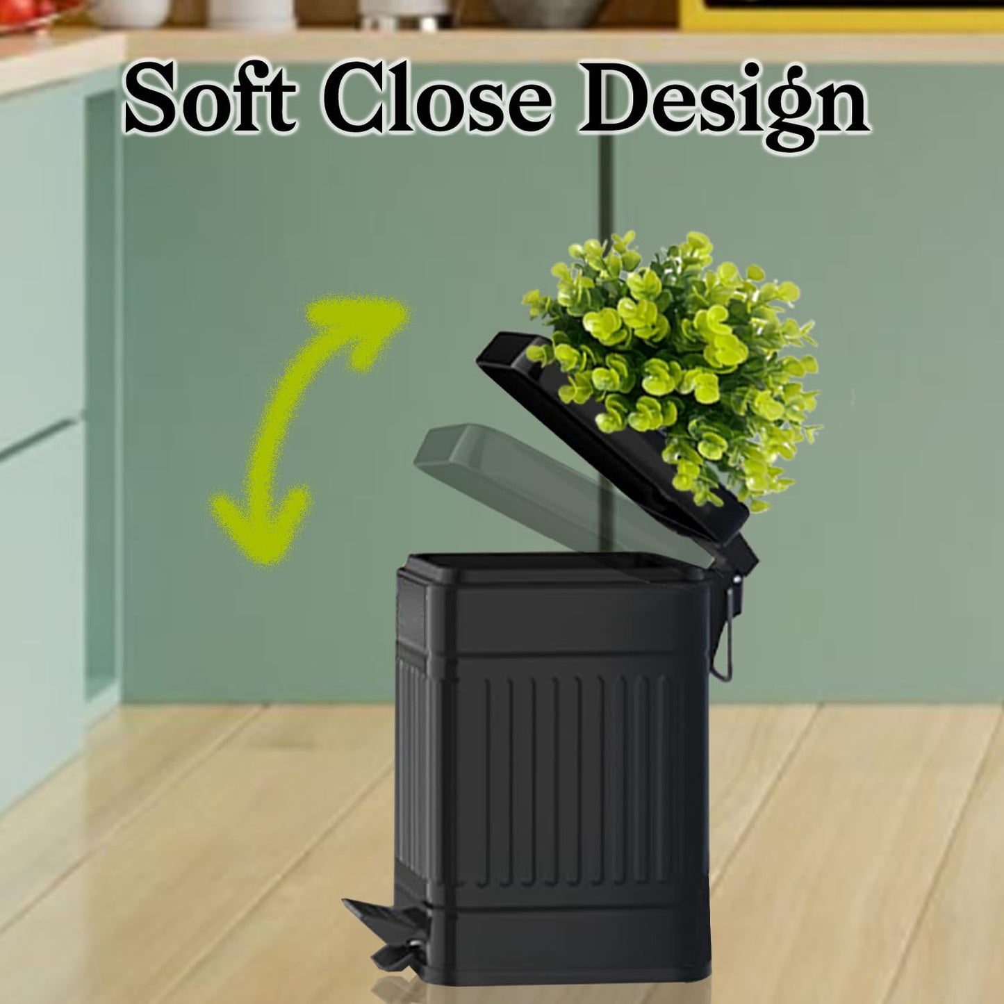 Tegneo Small Trash Can with Lid, Plant-Styled Outdoor Dog Poop Trash Can Outside, Farmhouse Retro Metal Garbage Can for Bathroom Office, Dog Waste Container with Pedal, Soft Close, 5L/1.3 Gal, Black
