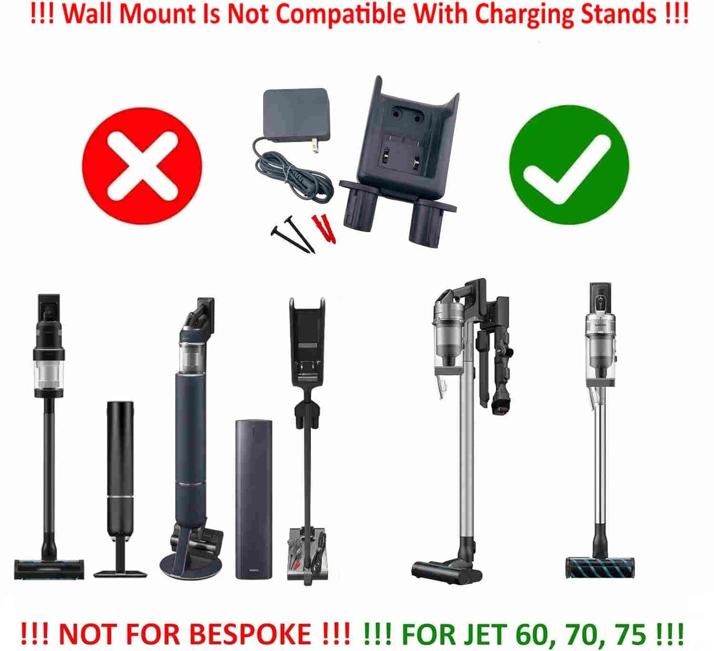 Replacement Wall Mount Accessory Holder Charging Docking Station + AC Power Adapter Charger Combo for Samsung Jet 60 Jet 70 Jet 75 Jet 75+ Series Fit Flex Pet Cordless Stick Vacuum Cleaner (Gray)