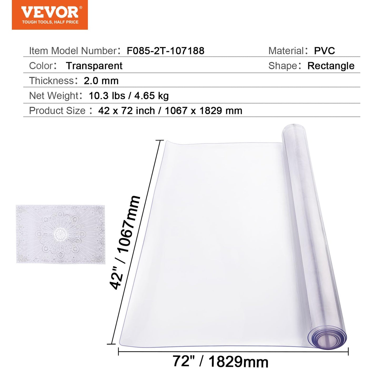 VEVOR Plastic Table Cover, 42 x 72 Inch 2.0 mm Thick Clear Rectangle PVC Desk Mat Protector, Waterproof & Easy Cleaning Desk Pad Tablecloth, for Office, Dresser, Dining Room, Night Stand