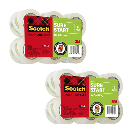 Scotch Sure Start Shipping Packaging Tape, 1.88" x 25 yd, Designed for Packing, Shipping and Mailing, No Splitting or Tearing, 1.5" Core, Clear (12 Rolls)