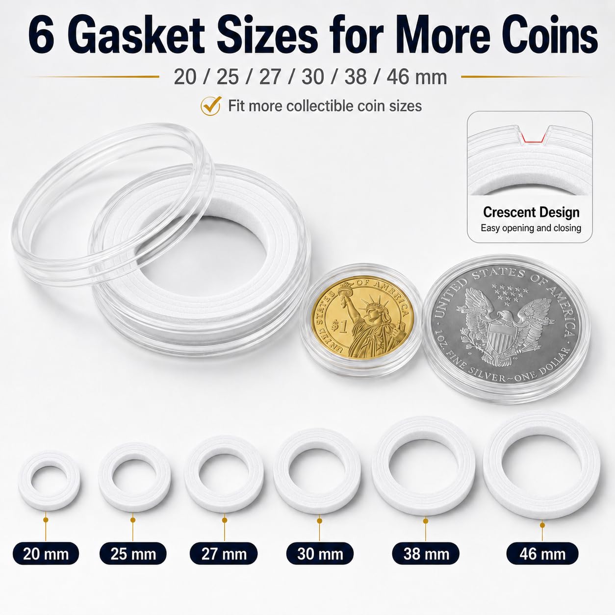 FULLCASE Coins Collector Case Holder Coin Capsules 46mm with 6 Sizes Foam Gasket (141 Pcs), Hard Paper Currency Sleeves (20 Pcs), Soft Dollar Bill Sleeves (200 Pcs) Storage Organizer Box (Black)
