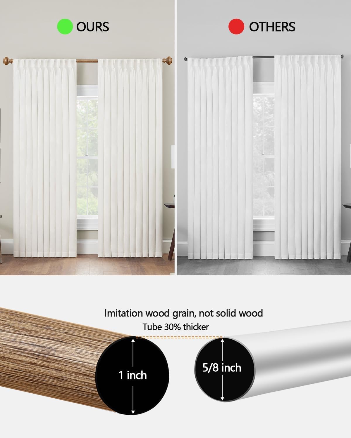 Wood Curtain Rods for Windows 48 to 84 Inch, 1 Inch Heavy Duty Curtain Rods with Imitation Wood Grain Finials, Boho Adjustable Drapery Rod, Decorative Farmhouse Rustic Single Window Curtains Rod