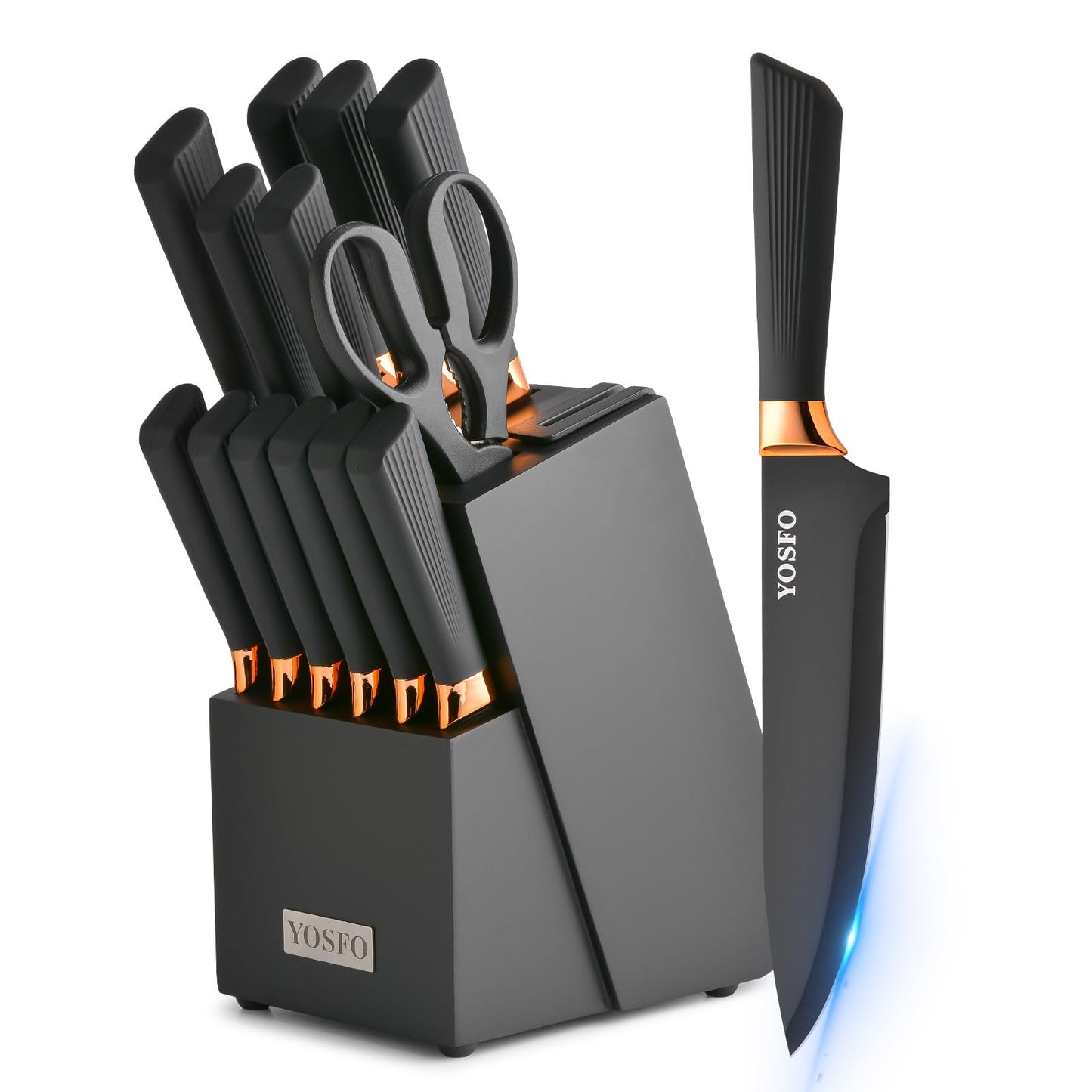 YOSFO Kitchen Knife Set,15 Pcs Knife Set with Block and Sharpener,High Carbon Stainless Steel Ultra Sharp,Dishwasher Safe