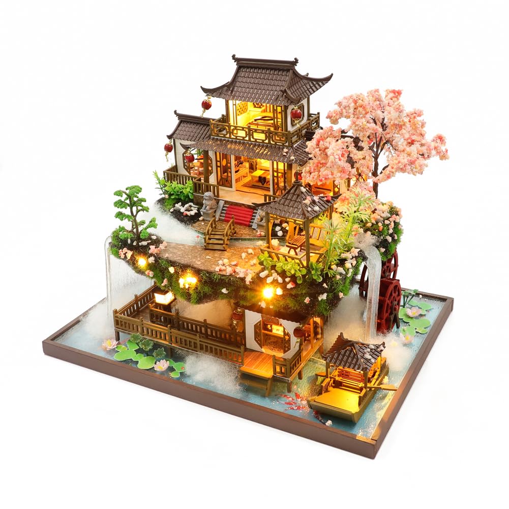 Yuzhen DIY Miniature Dollhouse with Furniture and LED Lights, Large Ancient Style Wooden Dollhouse Includes Dustcover and Music Movement
