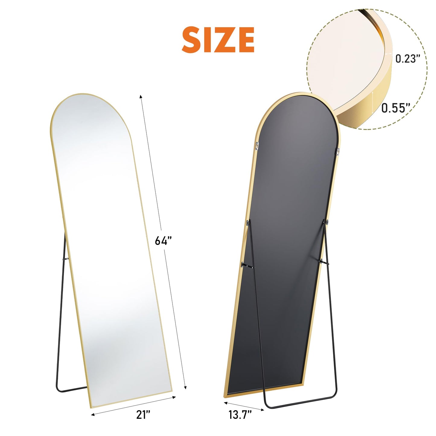 OLIXIS 64"x 21.5" Arched Mirror Full Length, Full Body Mirror with Stand, Hanging or Leaning for Wall, Floor Standing with Shatter-Proof Glass for Bedroom, Living Room, Long, Gold