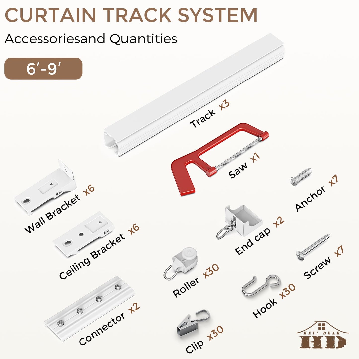 Ceiling Curtain Track 6–9 ft White - Heavy Duty Ceiling/Wall Mount Curtain Rail/Rod System, 30 Quiet-Glide Rollers, 30 Hooks, 30 Clips, Room Divider for Living Room, Bathroom or Hospital