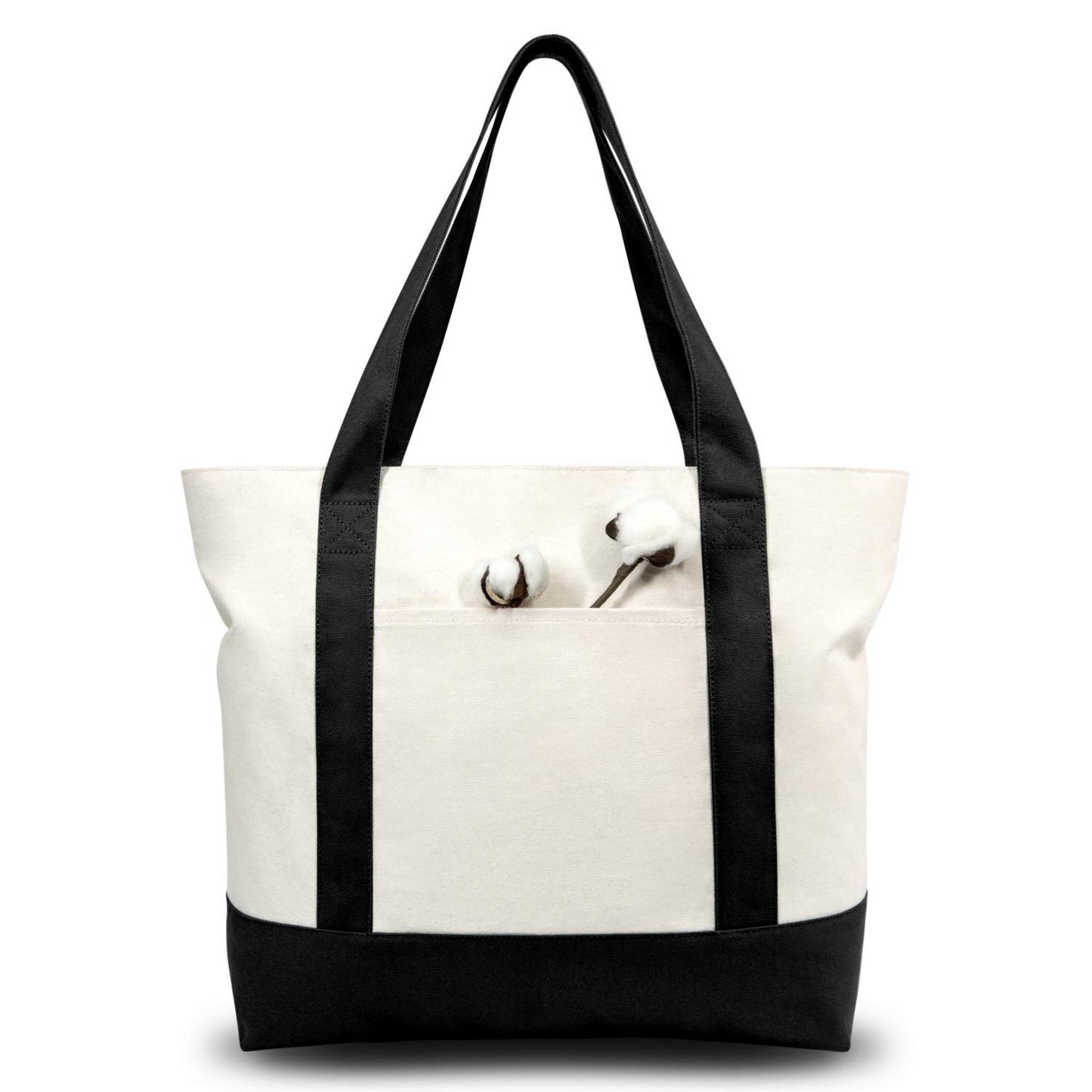 TOPDesign 3-Pack Canvas Tote Bags with an External Pocket, Reusable Grocery Shopping Bags, Top Zipper Closure, Daily Essentials (Black/Natural)