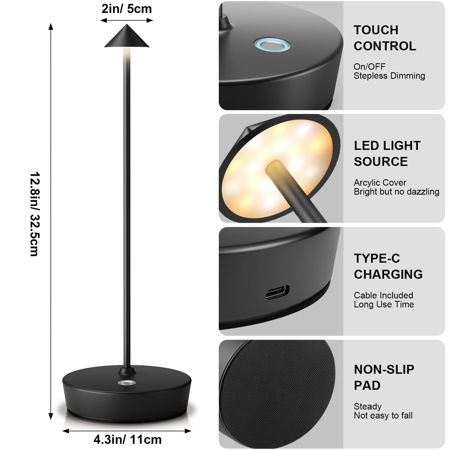 YIBEN Rechargeable Cordless Table Lamp, Portable Powered LED Battery 6000mAh Metal USB Desk Lamp, 3 Levels Brightness Light for Restaurants Outdoor (Black)