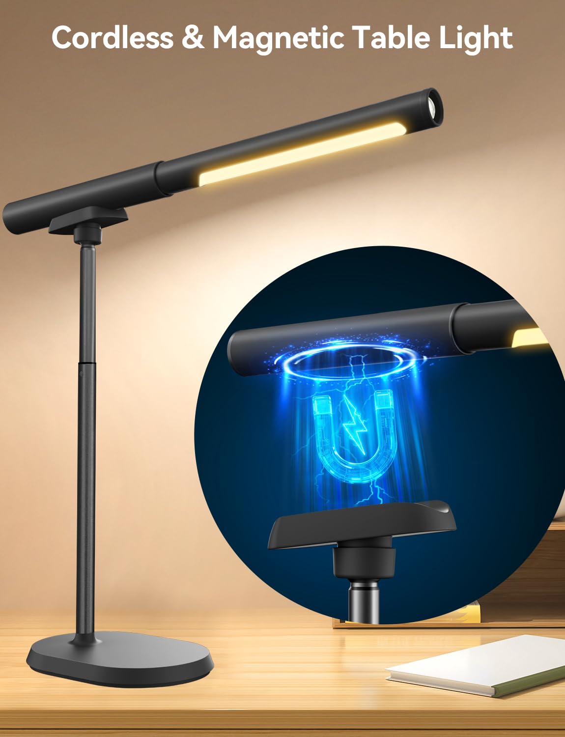 YULINKCO Rechargeable Desk Lamp, Adjustable Magnetic Table Lamp with Removable Cylindrical Light Tube for Study & Bedroom, Dimmable Touch Control & Space-Saving.