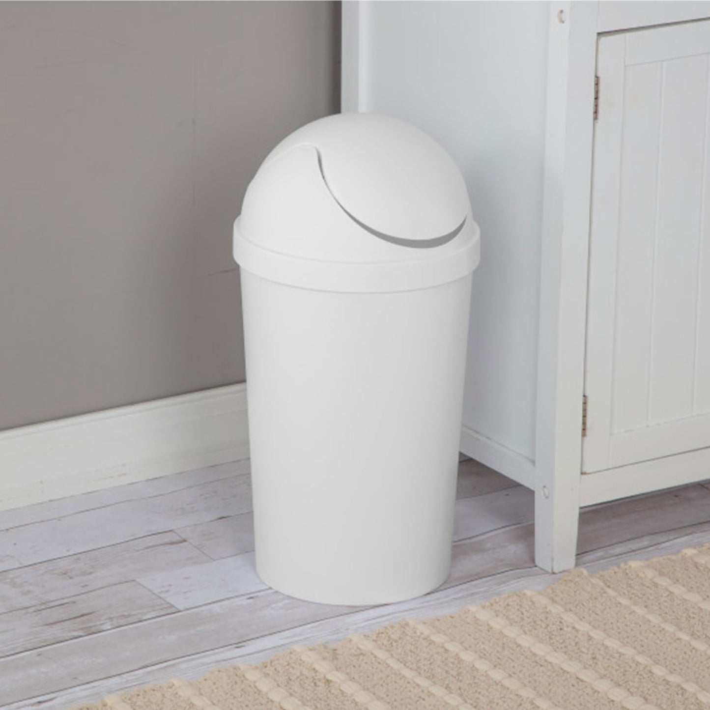 Sterilite 3 Gallon Round SwingTop Wastebasket with Lid, Small Plastic Trash Can for the Bathroom, Bedroom, Dorm or Home Office, White, 6-Pack
