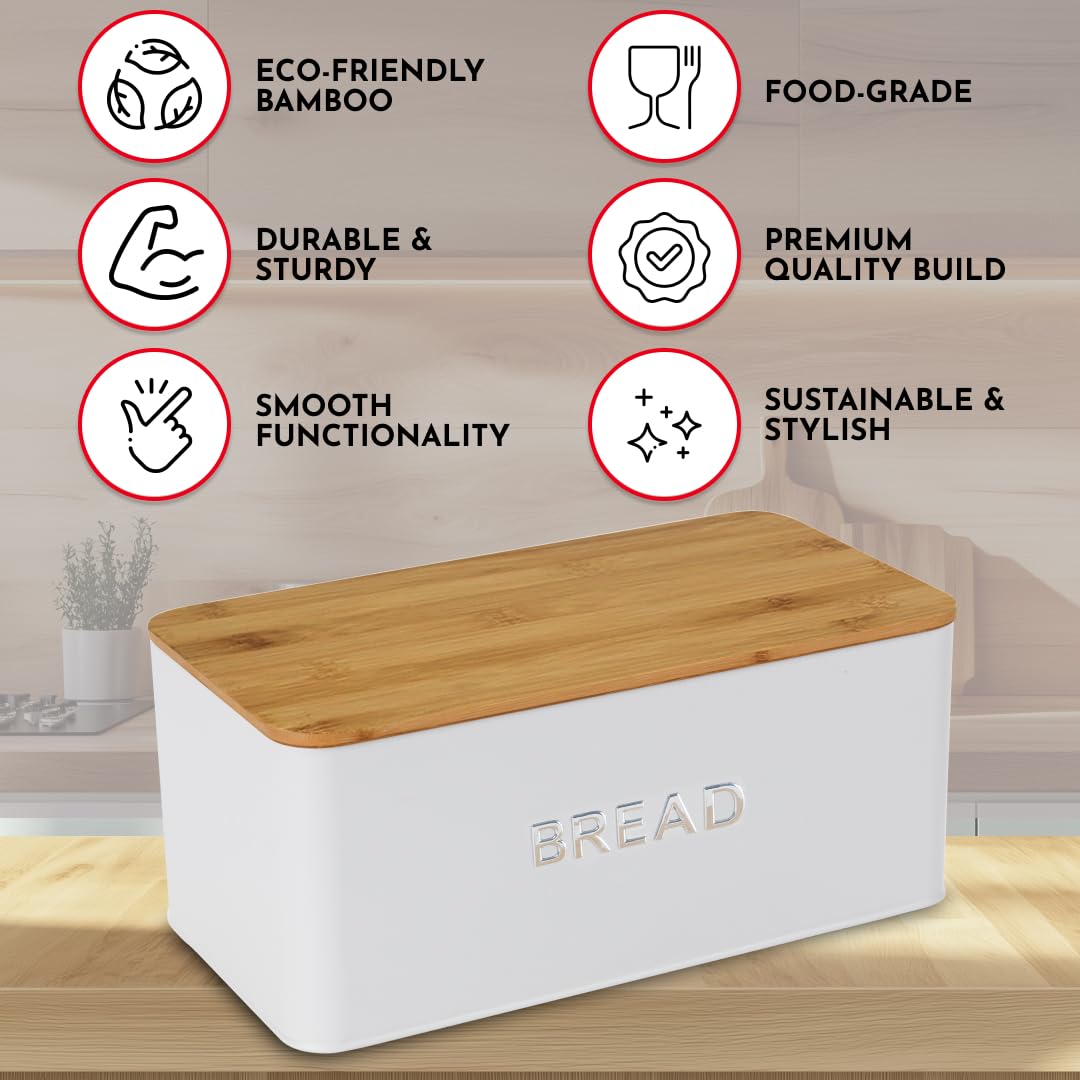 Culinary Couture White Bread Box for Kitchen Countertop with Bamboo Lid - Large BreadBox for Homemade Bread - Storage BreadBox with Cutting Board Lid