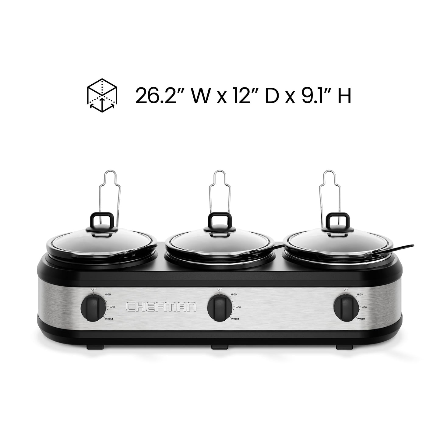 Chefman Triple Slow Cooker & Food Warmer, Three Crock Slowcooker with 2.5 Qt. Ceramic Crocks, 7.5-Quart Total Capacity, PFAS-Free, Three Temperature Settings, Dishwasher-Safe Parts – Stainless Steel