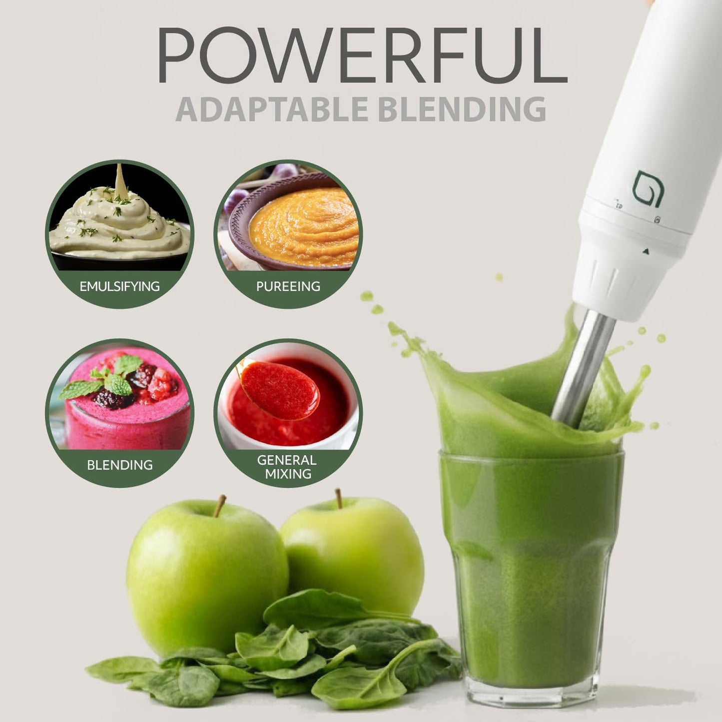 WILLOW Eco Series 5 Speed Immersion Blender Handheld, Powerful yet Quiet 500 Watt Electric Stick Blender with Turbo Mode & Removable Base, Hand Blender for Soup, Smoothie, 304 Stainless Steel - WHITE