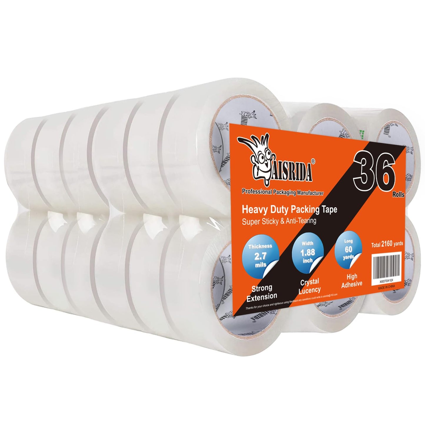 Aisrida Packing Tape (36 Rolls),2.7mil,Packaging Tape Heavy Duty for Shipping Moving Sealing,1.88 Inch x 60 yd Per Roll,Total 2160 Yards