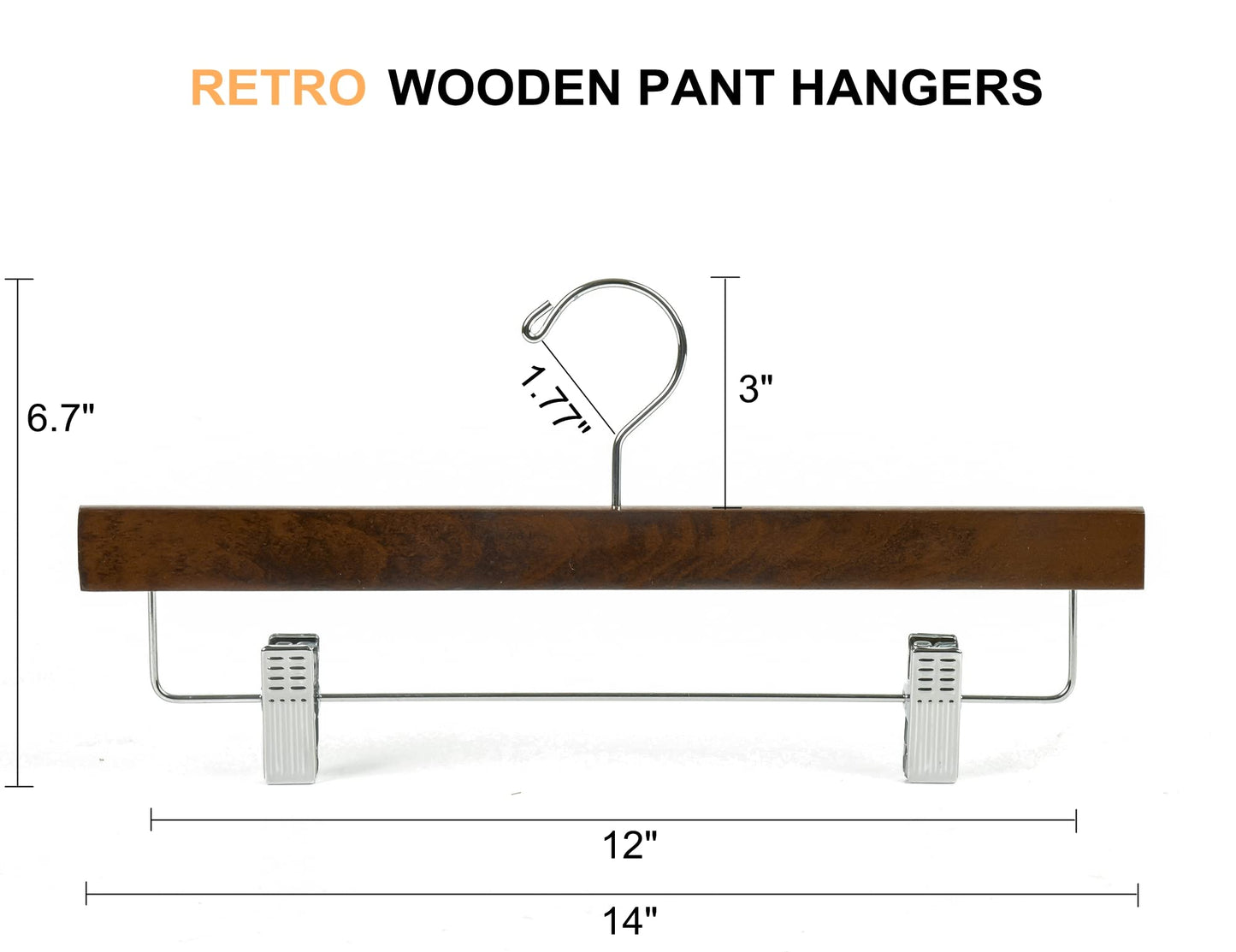 Amber Home 24 Pack Walnut Wooden Pants Hangers with Clips, 14" Wood Skirt & Trousers Hangers, Closet Hangers for Jeans, Slacks, Shorts, with 2-Adjustable Clips (Vintage, 24)