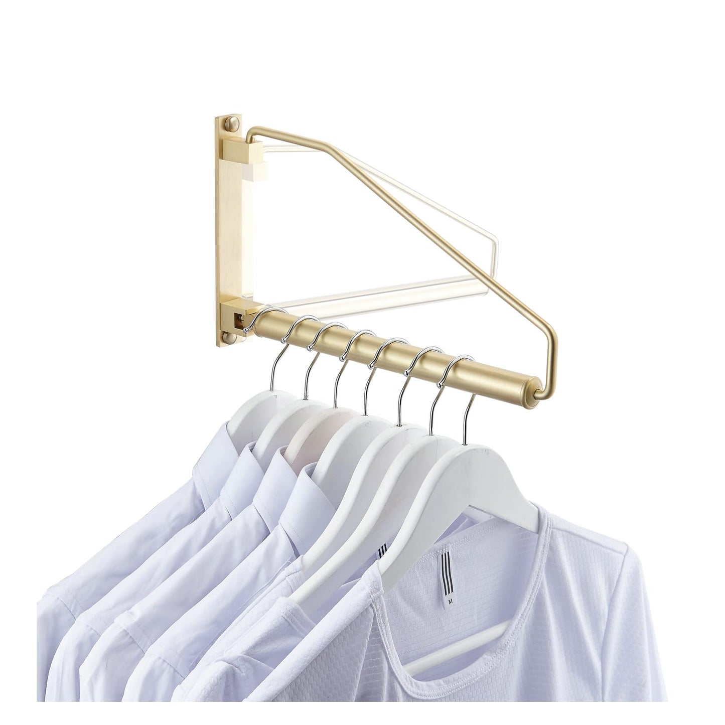 NEWRAIN Folding Wall Mounted Clothes Hanger Rack Clothes Hook Solid Brass with Swing Arm Holder Clothing Hanging System Closet Storage Organizer Heavy Duty Drying Rack Wall Mount,Brushed Gold