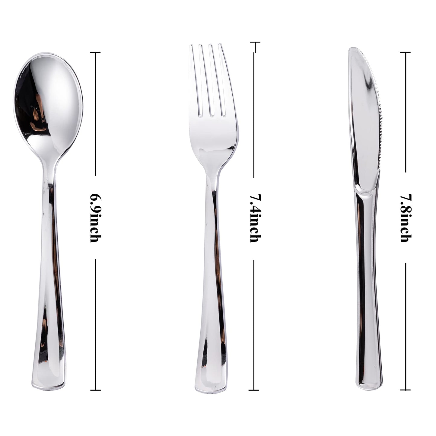 N9R 300PCS Silver Plastic Silverware Set, 100 Forks, 100 Spoons, 100 Knives, Heavy Duty Disposable Cutlery for Parties, Fancy Disposable Flatware for Weddings, and Daily Use
