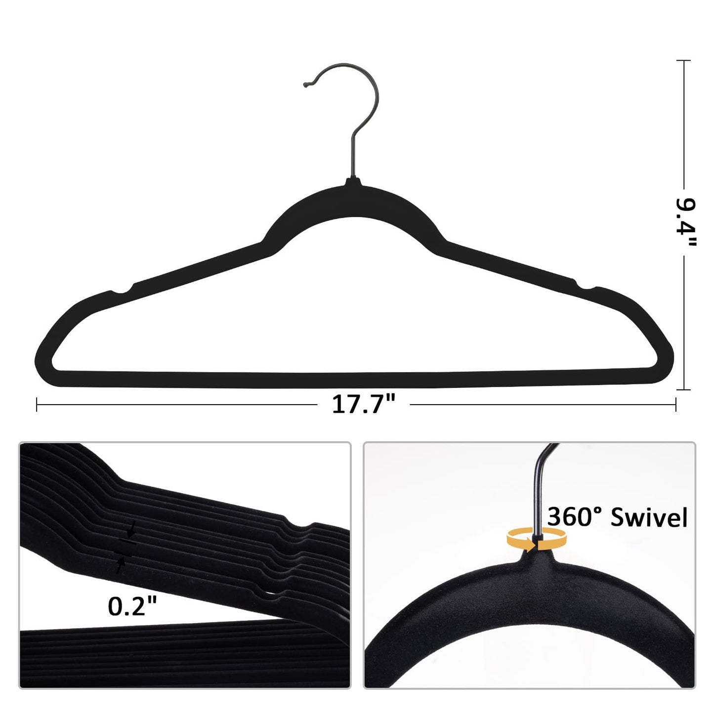 Pack of 30 Velvet Hangers, Space-Saving Heavy Duty Clothes Hangers for Suit, Non-Slip, 0.2 Inches Slim, 17.7 Inches Wide, 360° Swivel Black Hook - Black