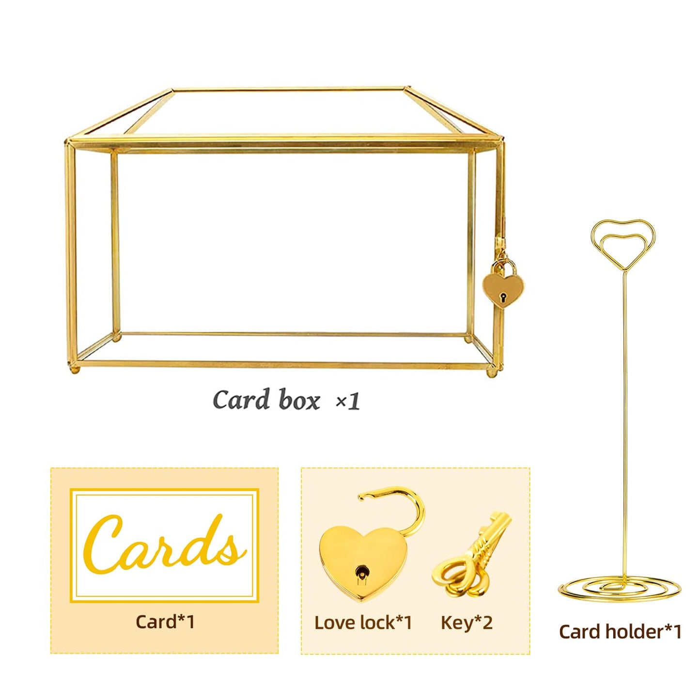 Ripprovt Glass Wedding Card Box with Lock, 12.6x5.9x9 inches Large Gold Card Boxes for Wedding Reception, Keepsake Display, Graduation, Party Centerpiece Decorative Box