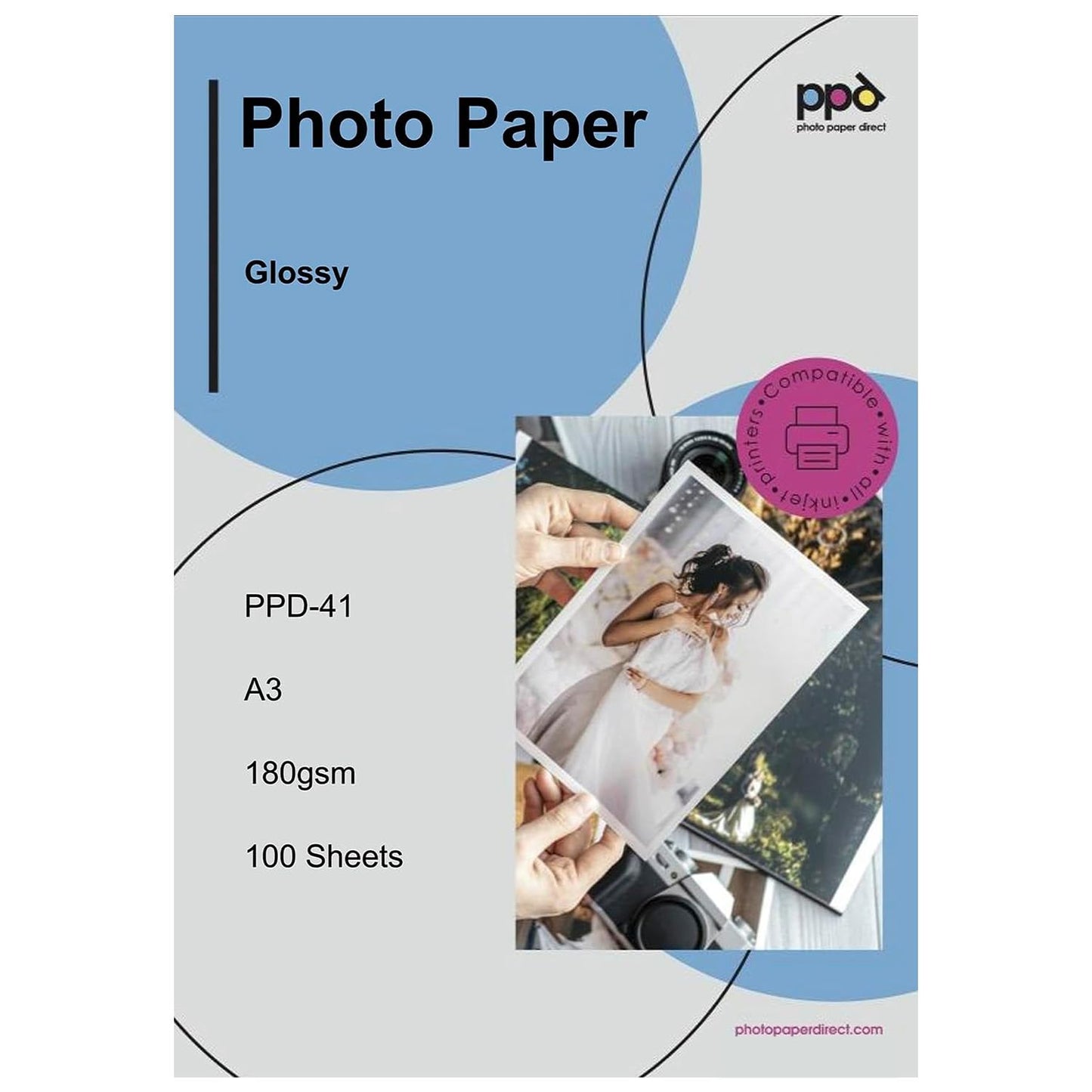 PPD Glossy Photo Paper for Inkjet Printer, 11 x 17" Heavyweight Quality Printable Sheets for Custom Picture, Professional Photographic Instant Dry For Normal, Dye or Pigment Ink (50 Pack/180 gsm)