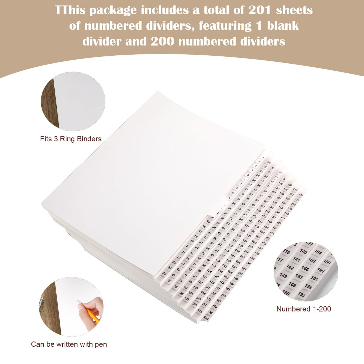 Yeaqee 1-200 Numbered Tab Dividers Un-Punched Letter Size 8.5 x 11 Inch Paper Page White Binder Index Dividers for Office Documents Files (White,1 Set)
