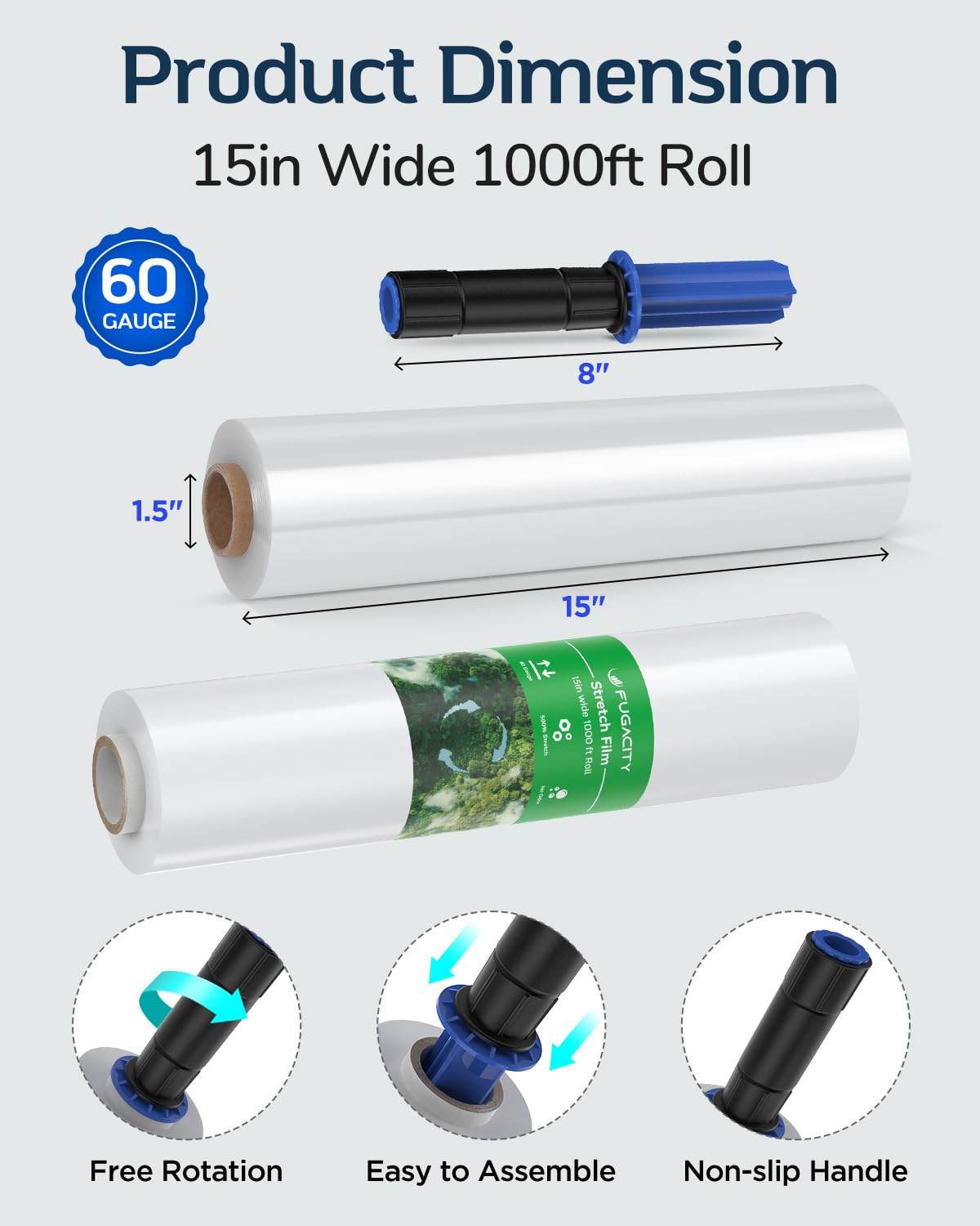 Stretch Warp Film- FugaCity 3 Pack Heavy Duty Shrink Wrap Roll with Handles 15" x 1000 Feet, 60 Gauge Industrial Strength for Pallet Wrap, Furniture Wrapping Moving & Protection