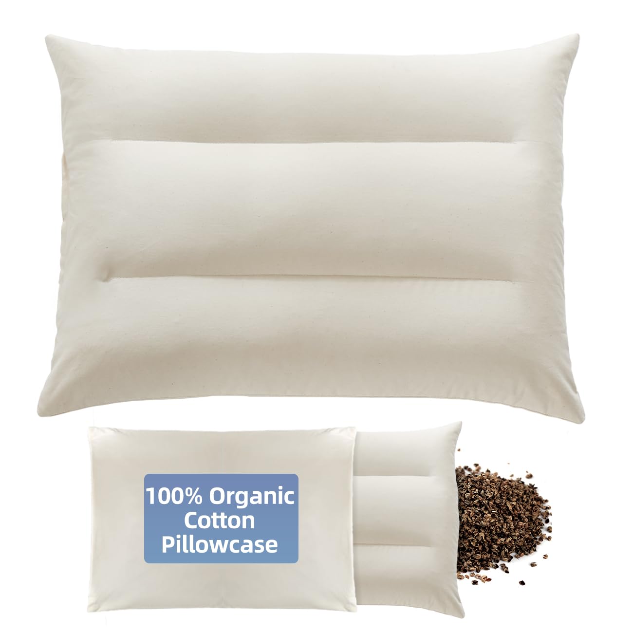 LOFE Buckwheat Pillow with Organic Cotton Pillowcase - 20''x26'' Organic Buckwheat Pillow with Baffle Box for Support, Adjustable Tartary Buckwheat Hull Pillows, Organic Buckwheat Neck Pillows