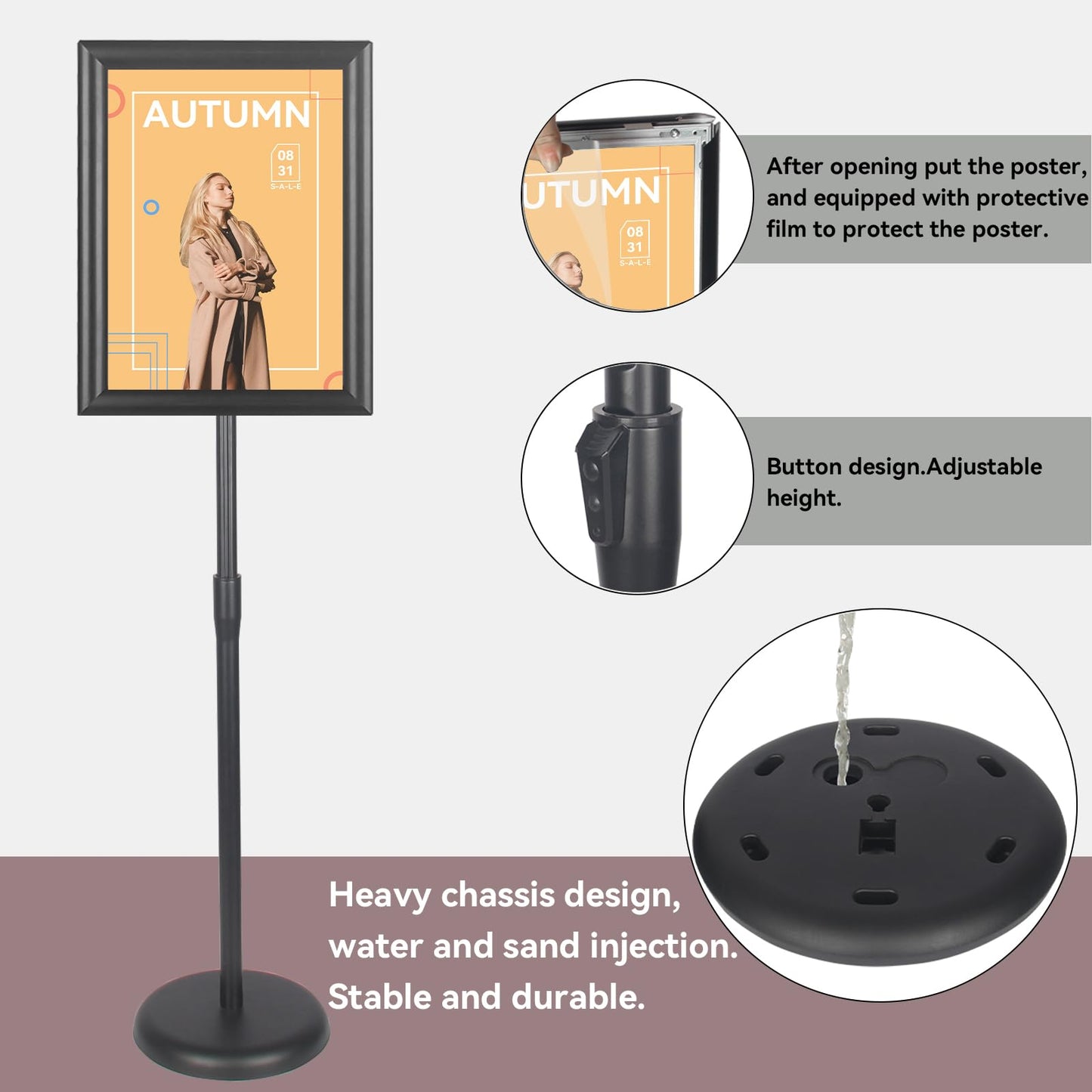 YDisplay Adjustable Sign Holder Stand with Base 11x17inches Aluminum Snap Open Frame Pedestal Sign Stand,Vertical and Horizontal View Sign Displayed, Round Base for Church Shool Office,Black