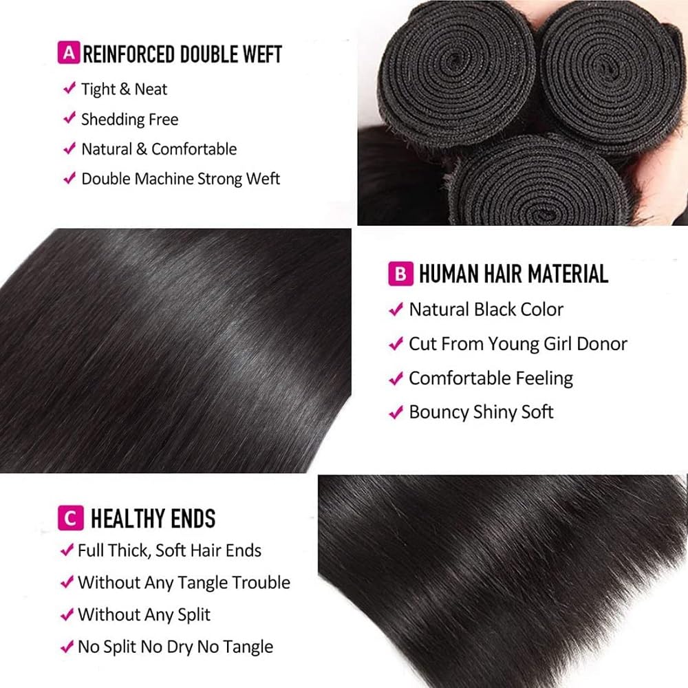 10A Straight Bundles Human Hair 16 18 20 Inch 100% Unprocessed Virgin Brazilian Straight Human Hair Weave 3 Bundles Natural Black Color